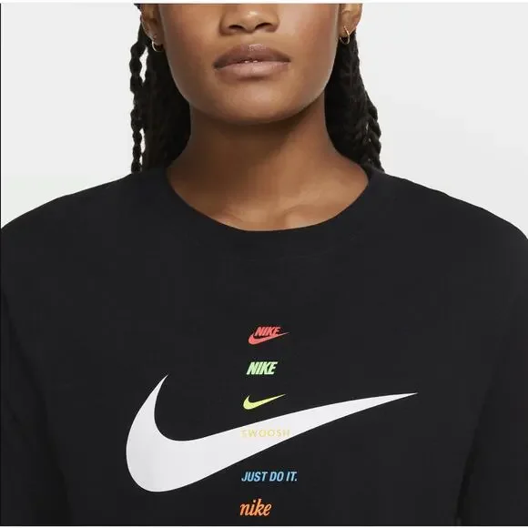 Nike The Nike Tee Crop Long Sleeve Logo Nike Swoosh Black T-Shirt Women Sz S - Picture 2 of 10